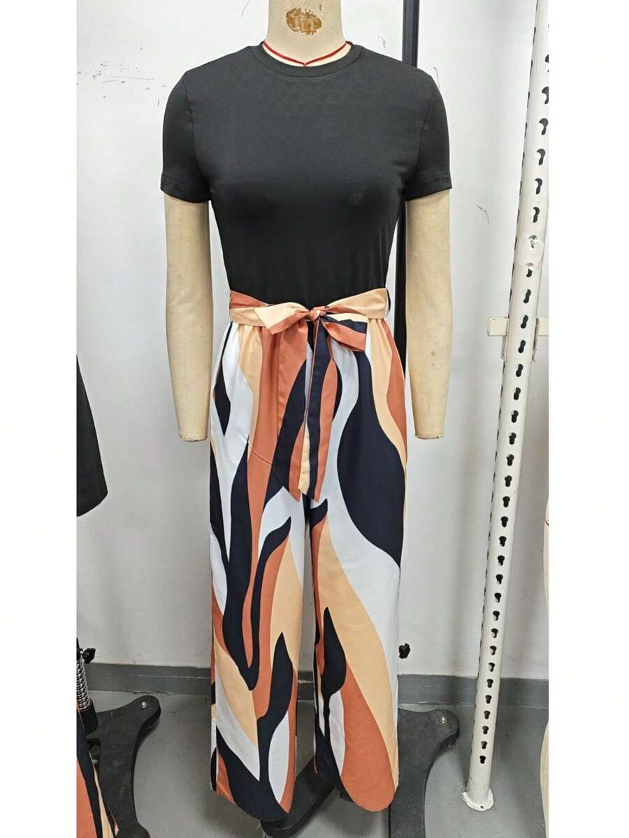 女士撞色印花拼接连体裤，西方女装，波西米亚风 - 彩色 - 查看 1