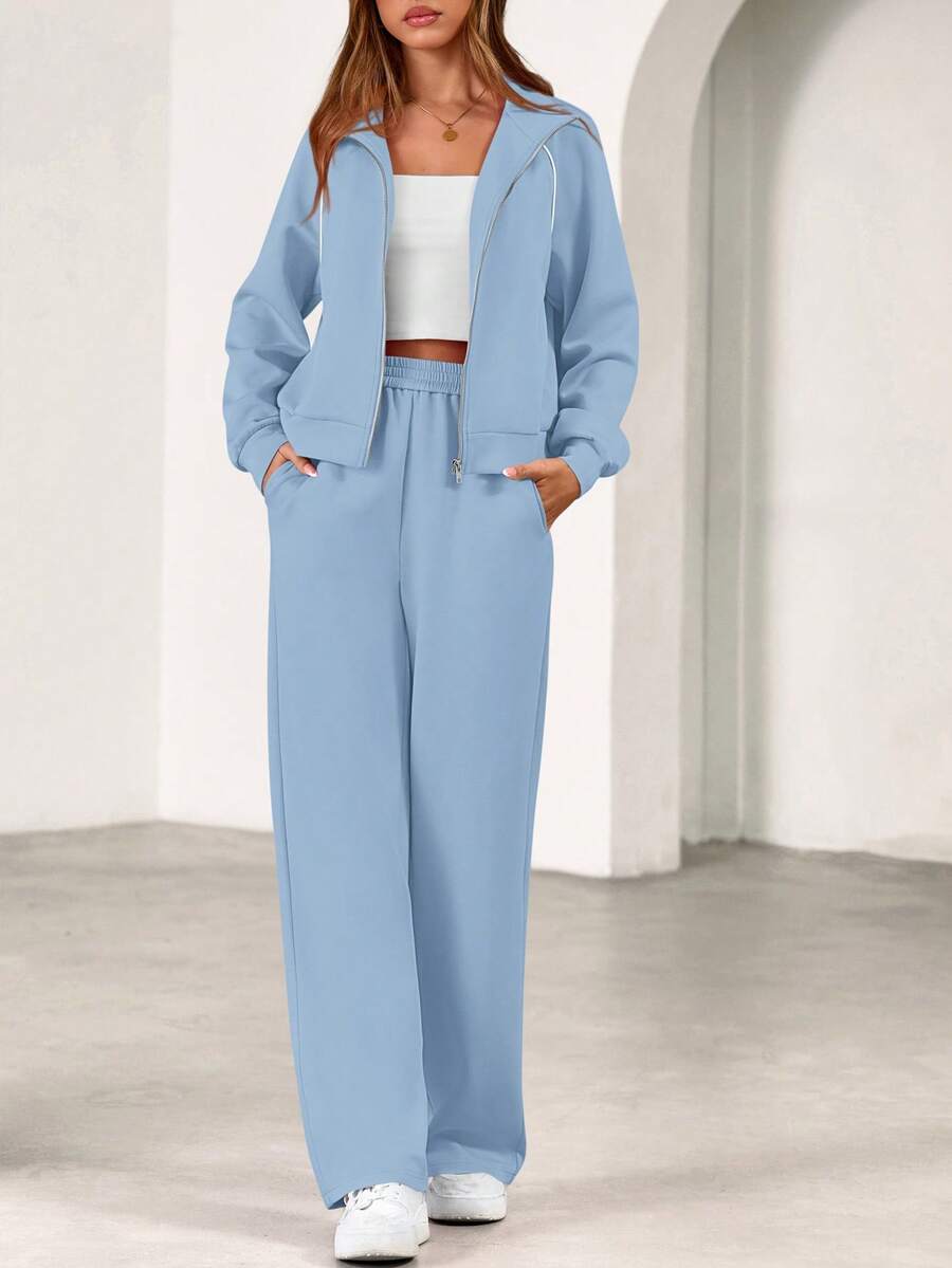 Womens 2 Piece Outfits Sweatsuits  Fall Full Zip Sweatshirts Workout Pants Matching Lounge Sets Tracksuits - xanh nhạt - Xem 1