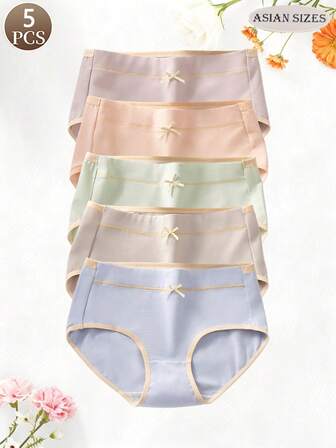 5件套蝴蝶结系带纯色女士内裤，纯棉，休闲运动风，无缝舒适女士三角裤