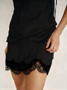 Women Half Slips Eyelash Lace Trim Satin Silk Bodycon Short Mini Skirts High Waist Patchwork Slim Fitted Underskirts Underwear Lingerie Dress - 黑色 - 查看 5
