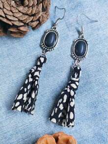 一对可爱绿松石镶嵌波点布艺蝴蝶结流苏耳环，适合任何季节、节日、派对、海滩旅行、日常佩戴 - 耳環 - 查看 5