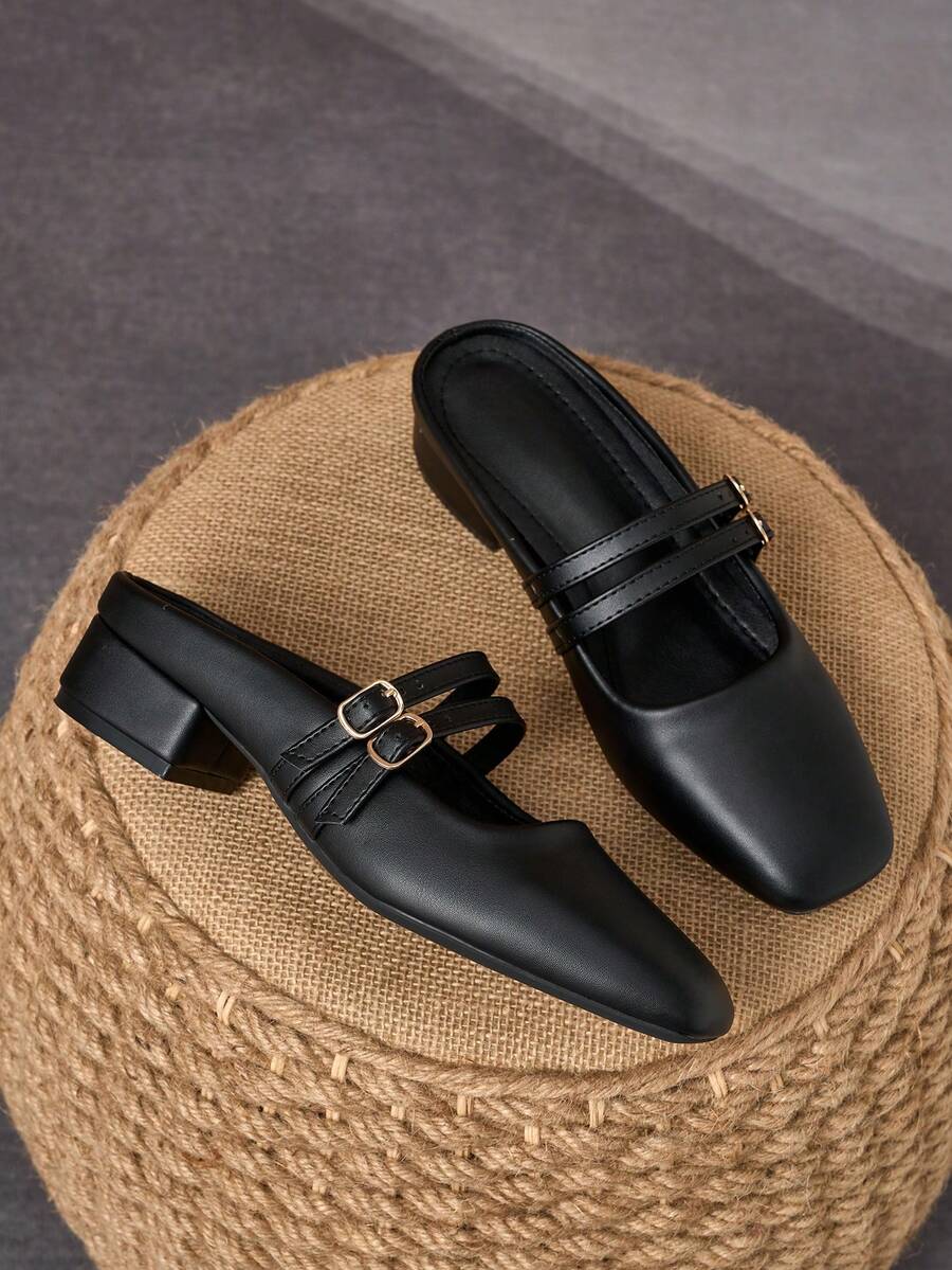 MonaNise 女士3厘米布面包跟黑色时尚百搭玛丽珍低跟粗跟优雅平底鞋，另有藏蓝色、咖啡色、酒红色可选 - 黑色 - 查看 1