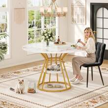 Runder Esstisch (1 Stück) Küchentisch Frühstückstisch Metallbeine Marmormuster Gold/Schwarz - Gold - View 8