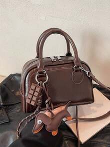 复古简约纯色高品质质感保龄球包，优雅时尚手提包，小众设计高性价比斜挎包，配有腊肠犬和巧克力吊坠，休闲精致流行单肩包，适合通勤、购物和工作 - 咖啡 - 查看 12