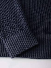 Men's Comfortable Minimalist Button Decor Long Sleeve Crew Neck Sweater, Casual Versatile For Daily Wear, Autumn/Winter - Navy Blue - View 5