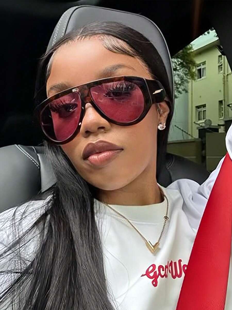 1/2 Pair Large Frame Toad Eye Glasses, Stylish Personalized Glasses, Full Frame Versatile Retro Women Glasses, Suitable For Travel, Street Photography, Beach And Other Occasions - 7410 - Leopard Print Frame In Rose Red - View 1