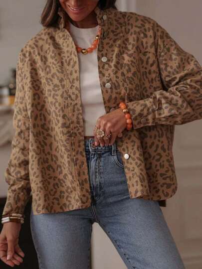 Plus Size Leopard Print Shirt, Women Long Sleeve Button-Up Blouse, Loose Denim Bohemian Style Top With Collar And Pockets, 2025 New Casual Business Office Daily Wear Vacation Spring