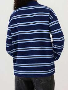 Womens Rugby T-Shirts Long Sleeve V Neck Stripes Print Loose Tops Spring Fall Blouses - Blue - View 2