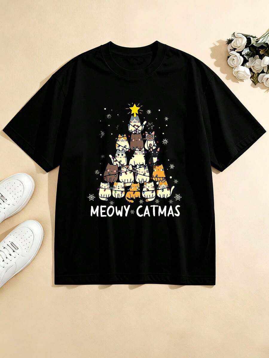 Meowy Catmas Christmas Tree Cats Holiday T Shirt For Men Women Festive Xmas Gift Wearable Art Fun Cartoon Animal Design Winter Seasonal Apparel,220g - 黑色 - 查看 1