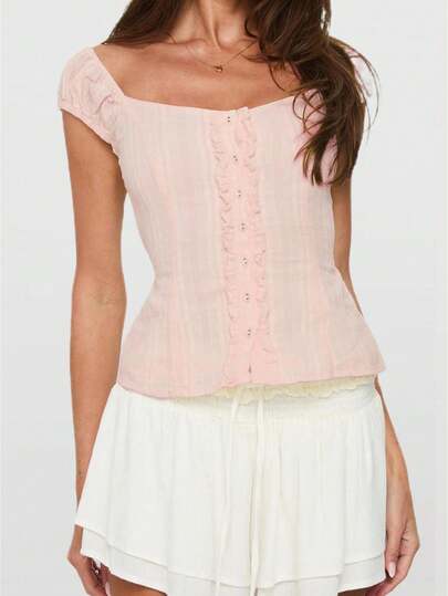 Womens Button Down Shirts Cap Sleeve Sweetheart Neck Solid Color T-Shirts Summer Blouses