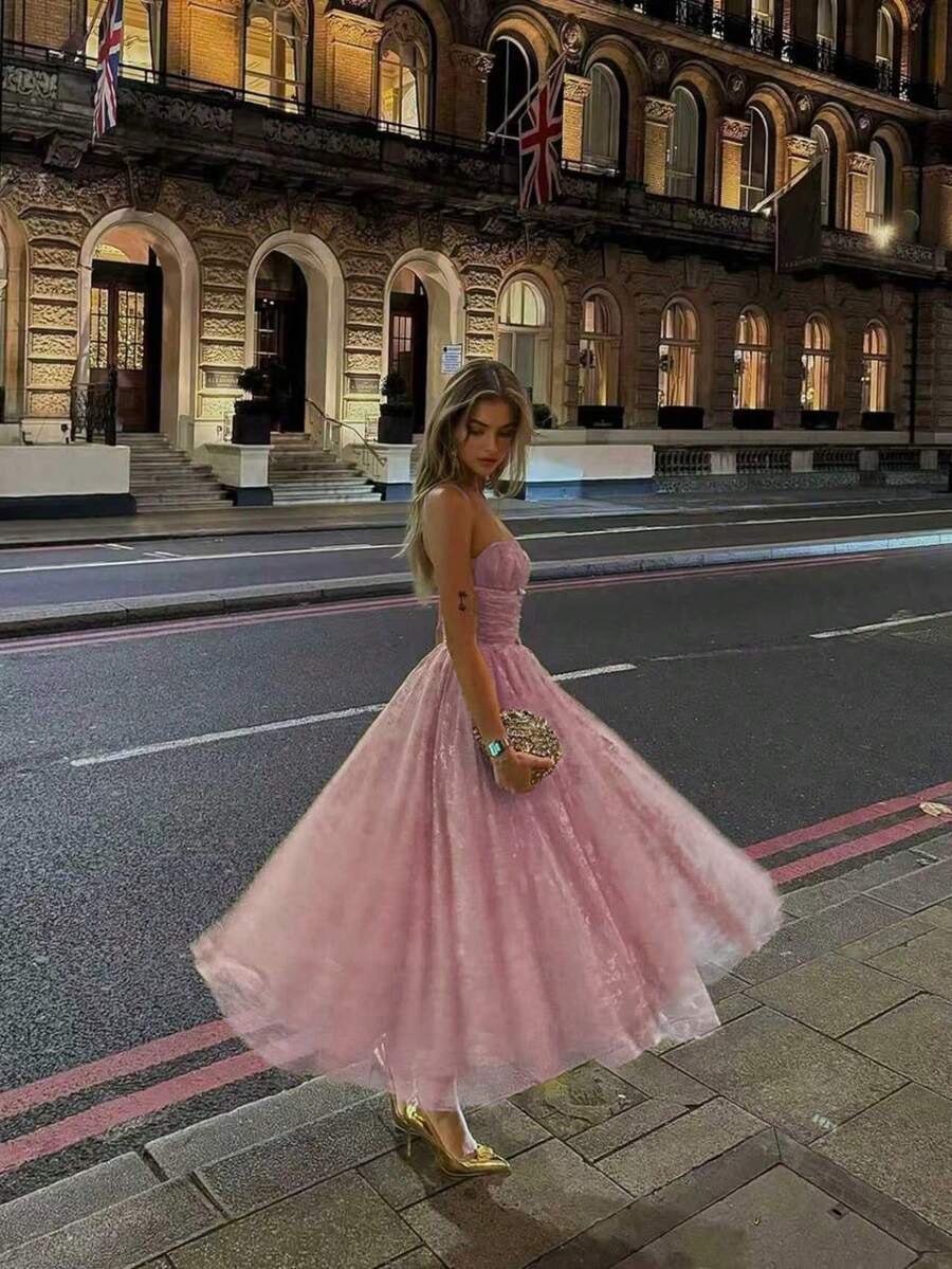 Vestidos de fiesta con cintura ceñida y falda acampanada, elegantes, formales y románticos, estilo princesa para mujeres. Vestido de graduación para Navidad, Año Nuevo, vacaciones de verano en color rosa - Rosa - Ver 1
