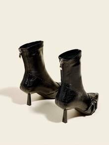 秋冬女士黑色拼接踝靴，7厘米高跟，弹力修身靴，舒适时尚，尖头设计，饰有绑带，猫跟 - 黑色 - 查看 4