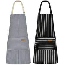 NLUS 2 Pcs Kitchen CooFKing Aprons, Poly/Cotton Blend Adjustable Soft Bib Stripe Aprons With 2 Pockets For Women Men Chef (Blue Pinstripes/Black Stripes),DenimBlue/Black - 牛仔藍/黑色 - 查看 1