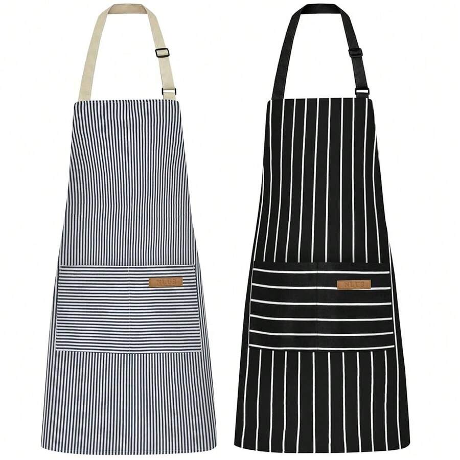 NLUS 2 Pcs Kitchen CooFKing Aprons, Poly/Cotton Blend Adjustable Soft Bib Stripe Aprons With 2 Pockets For Women Men Chef (Blue Pinstripes/Black Stripes),DenimBlue/Black - 牛仔藍/黑色 - 查看 1