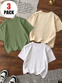 3件/包男童印花休闲圆领短袖T恤，幼儿夏季学生服装 - 多种颜色可选。舒适时尚的儿童T恤，带你探索世界！