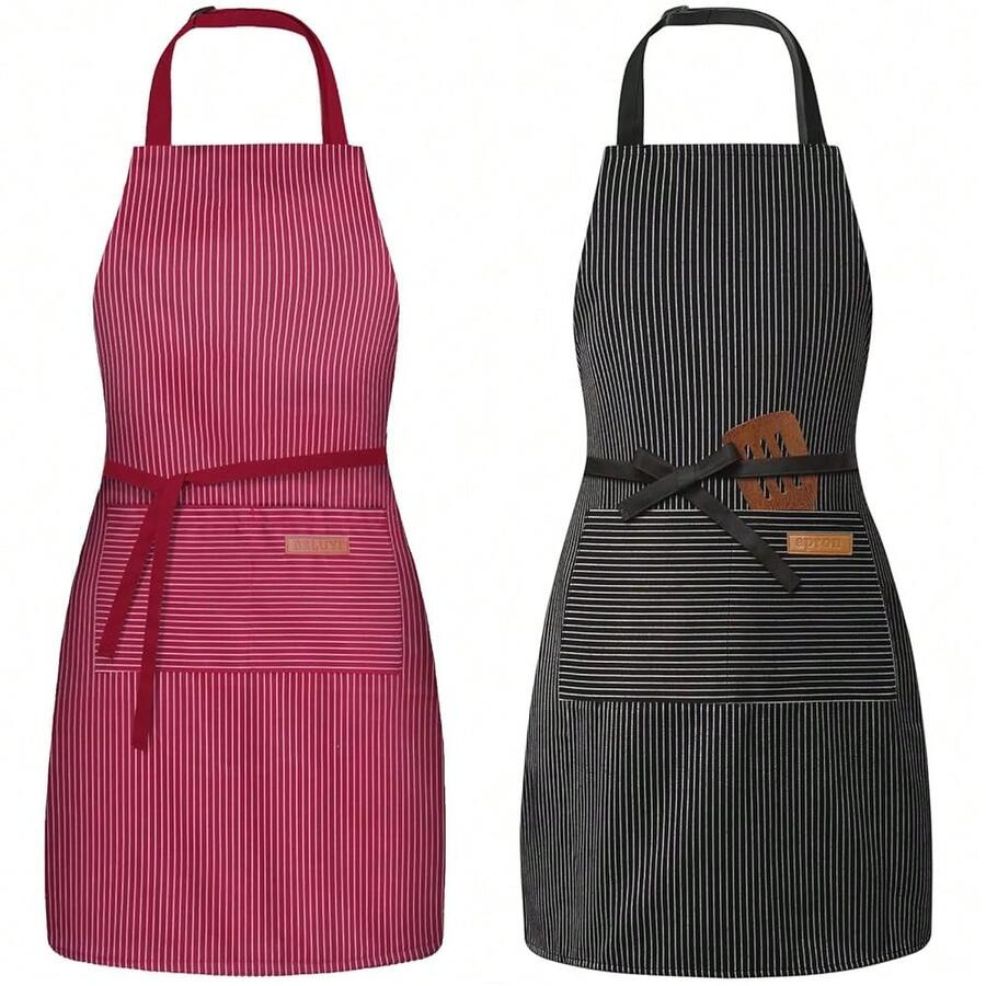 2 Pack Adjustable Bib Apron With 2 Pockets Chef CooFKing Kitchen Restaurant Aprons For Women Men,Wine/BlackPinstripes - 酒紅色/黑色細條紋 - 查看 1