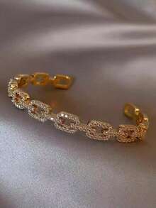 1 Stück kubischer Zirkonia Dekor modischer asymmetrischer geometrischer Durchbruch Armband in Goldfarbe, geeignet für Feiertage, Strand, formelle Partys und tägliches Outfit als Accessoire - Verschiedenfarbig - Übersicht 4