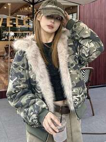 This  Casual, Washed Camouflage Down Jacket Features A Hood, Thick Padding, And A Versatile Design. It's A Versatile Nylon Down Jacket With A Loose Fit And Slim Fit. It's A Versatile, Cut-And-Sew Casual Jacket With A Zipper And Contrasting Faux Fur Accents, Perfect For School Or The Office. - Army Green - View 2