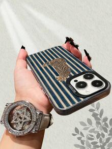 Leopard Pattern With Blue & Beige Stripes Phone Case For IPhone 17, 16, 15, 14, 13, 12, 11, 7, X Series, Latest IMD Technology, Colorful Laser Back Panel, Multiple Colors, Comfortable Gr - Purple - View 6