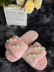 Women's Faux Pearl Decor Plush Slide Slippers - Stylish Fuzzy Open Toe Slippers, Indoor Home Slides For Lounge & Daily Wear - Pink - View 1