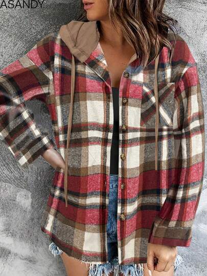 Women's Vintage Style Checkered Drawstring Hoodie Casual Shacket, Autumn/Winter