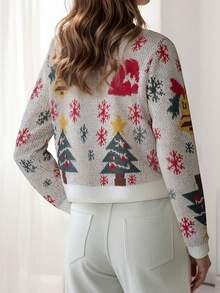 European & American Style Elegant Allover Print Soft Fleece Button-Up Christmas Sweater For Women - White - View 2