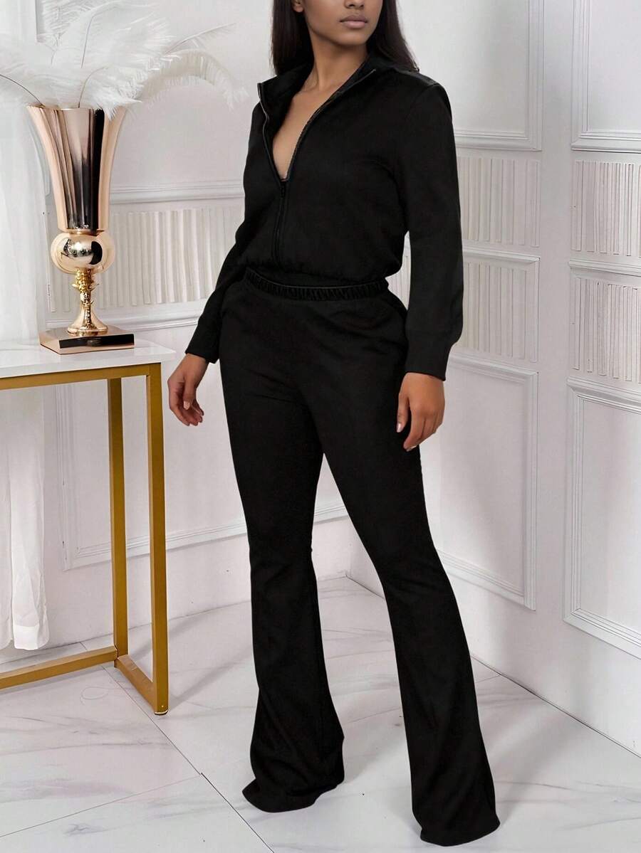 Plus Size Women Solid Color Zip Front Hoodie And Pants 2 Piece Set, Minimalist Fashion