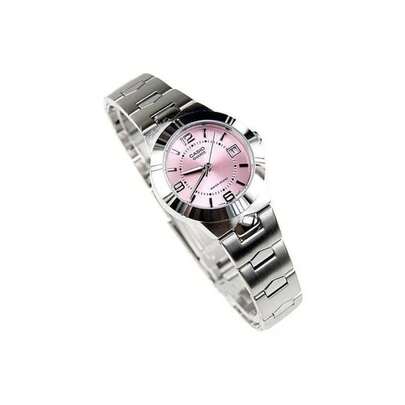 Casio Women's Watch, 33mm Pink Dial, Stainless Steel Bracelet, 50M Water Resistant, Sport Analog Watch With Calendar, Fold Clasp, Mineral Crystal Glass