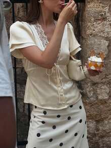 Women's Elegant Lace Trim Puff Sleeve Blouse, Summer - White - View 4