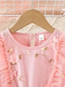 女童 2-7 歲 幼童新款半透明花卉刺繡長袖蕾絲網紗蓬蓬公主裙，背部開襟 - 粉色 - 查看 4