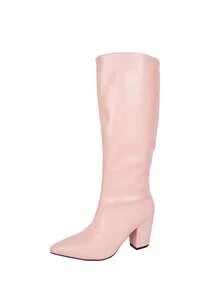 Women's Fashion Minimalist Pointed Toe Mid-Calf Chunky Heel Boots, Stylish Western Boots - Pink - View 8