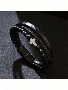 Leather & Beads Decor Black Obsidian Bracelet - màu đen - Xem 4