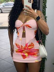 Bộ đồ nữ mùa hè mới, áo quây không dây vạt lệch và chân váy xếp ly gợi cảm, thích hợp cho mùa hè, kỳ nghỉ, đi biển, màu hồng. - Hồng - Xem 5