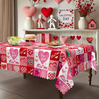 1pc Valentine's Day Theme Tablecloth - Heart, Cupid, "Love" And Multicolor Block Patterns, Warm And Romantic - Polyester Fabric - Suitable For Rectangle Or Round Tables, Great For Valentine's Day Dinner, Wedding, Anniversary, Party Or Home Decor