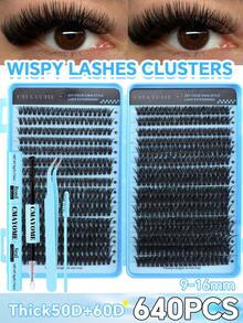 640/544片装睫毛胶水套装，打造自然浓密睫毛。D型卷翘假睫毛，柔软蓬松，长度9-16毫米，簇状睫毛，单根睫毛，DIY睫毛嫁接，自然簇状睫毛。10D+20D/30D+40D/50D+60D/80D+100D卷翘睫毛组合套装。包含胶水、定型液、睫毛镊子和睫毛刷，新手友好。