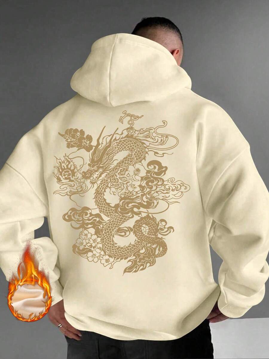 男士连帽衫，中国龙图案印花，保暖内衬，秋冬款 - 杏色 - 查看 1