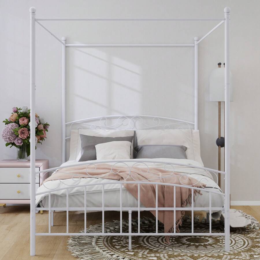 Metal Canopy Bed Frame Four-Poster Platform With Headboard And Footboard Sturdy Heavy Duty Steel Slat Support - trắng - Xem 1