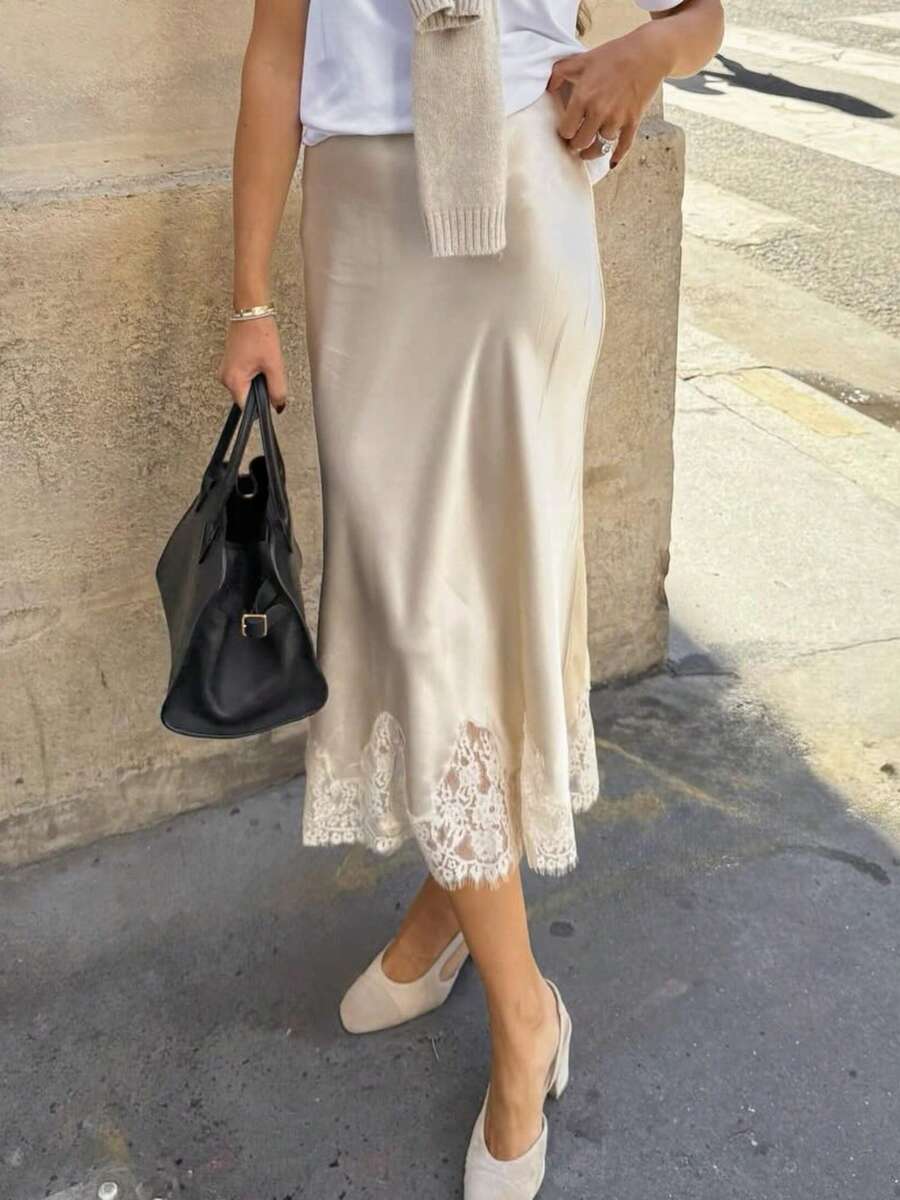 Women's Y2k Silk Satin Midi Skirt Lace Patchwork Elastic Waist Straight Long Skirts Elegant Silky Flowy A Line Skirts - 香檳色 - 查看 1