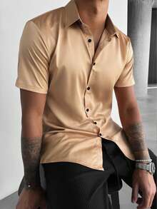 WAIT HIM Men's Satin Fabric Short Sleeve Dress Shirt