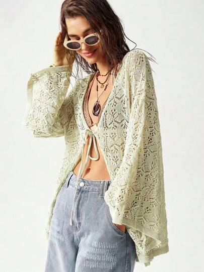 Cárdigan de punto con hombros caídos, manga larga, abertura y lazo delantero, unicolor, adecuado para verano, playa, fiesta, talla grande para mujer