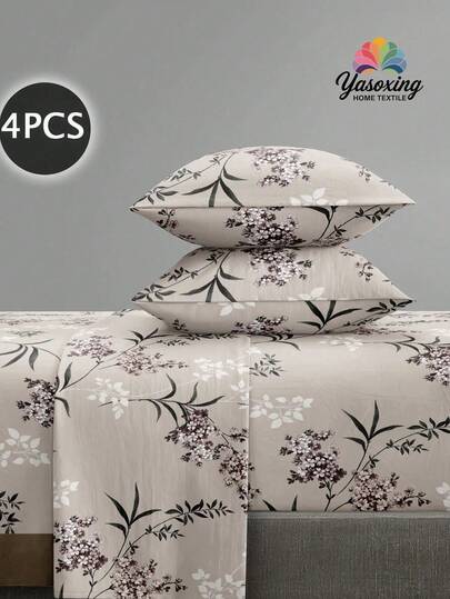 4pcs Floral Pattern Bedding Set, Soft Microfiber Easy Care Bedding Set, Floral Pattern Bed Sheet Set (1 Bed Sheet + 1 Fitted Sheet + 2 Pillowcases), Fitted Sheet Set, Fits Twin, Full, Queen, King Size Beds, Deep Pocket Fitted Sheet Design, Pillowcases Up To 11.8 Inches, Soft & Breathable, Wrinkle-Resistant, Luxury Hotel Style, Great Gift For Parents, Friends