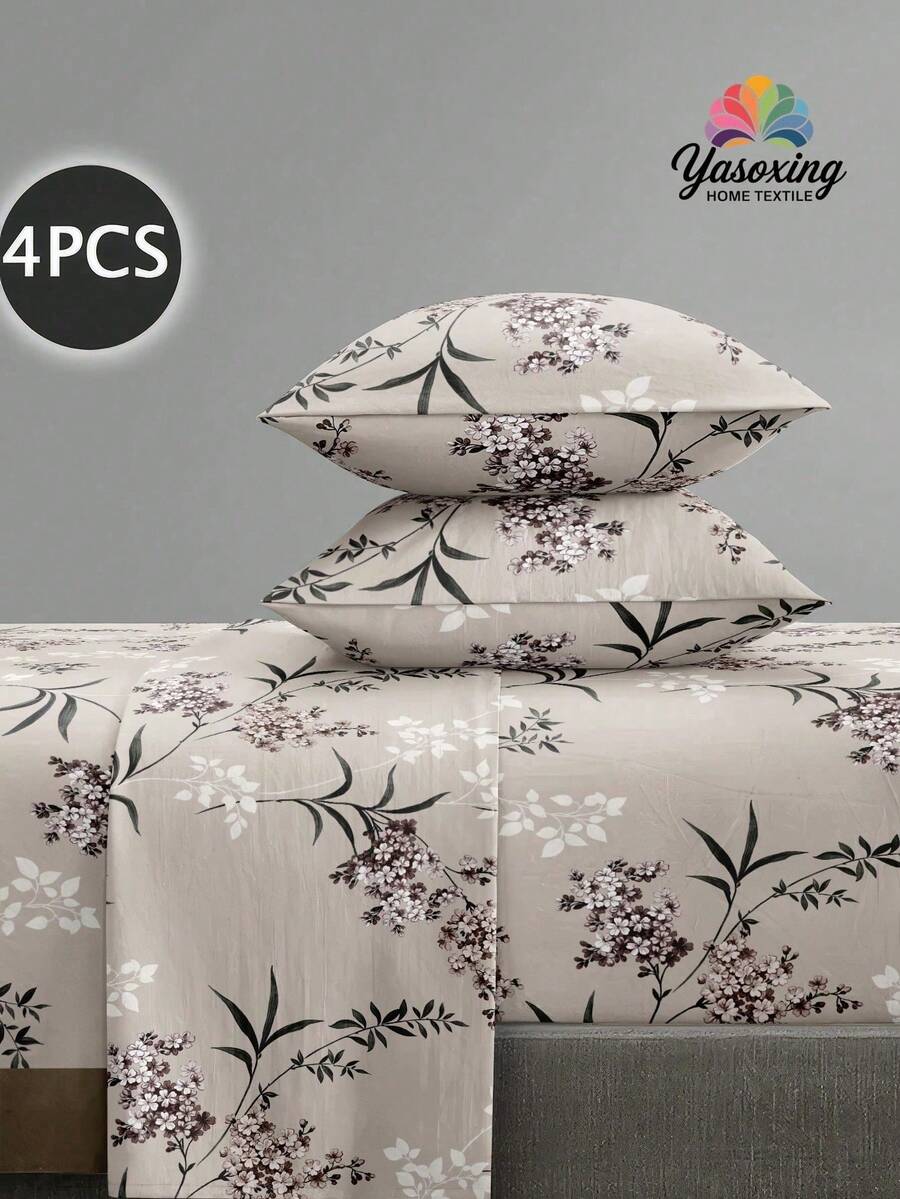 4pcs Floral Pattern Bedding Set, Soft Microfiber Easy Care Bedding Set, Floral Pattern Bed Sheet Set (1 Bed Sheet + 1 Fitted Sheet + 2 Pillowcases), Fitted Sheet Set, Fits Twin, Full, Queen, King Size Beds, Deep Pocket Fitted Sheet Design, Pillowcases Up To 11.8 Inches, Soft & Breathable, Wrinkle-Resistant, Luxury Hotel Style, Great Gift For Parents, Friends