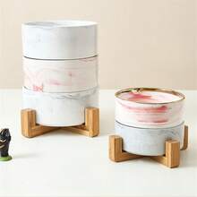 Pet Bowl, Cat Bowl And Dog Bowl, Ceramic Cat Neck Bowl With Wooden Frame To Prevent Splashing, Drinking Bowl With Marble Pattern And Gold Rim - Multicolor - View 3