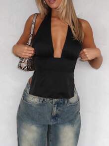 Women Y2k Halter Tank Tops Satin Silk Crop Tops Summer Sexy Solid Color Backless Deep V Neck Sleeveless Slim Fit Shirt Open Back Camisole Going Out Tops Party Clubwear Aesthetic Clothes - 黑色 - 查看 1