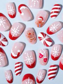 Christmas 24pcs Short Oval Gingerbread Men And Candy Canes Design Acrylic Press On Nails Short Fit Perfectly False Nail Set, Contain 1pc Jelly Glue And 1pc Nail File,Christmas Nails Make Your Fingertips Shine And Beautiful, Very Suitable For Parties, Dancing And Daily Wear