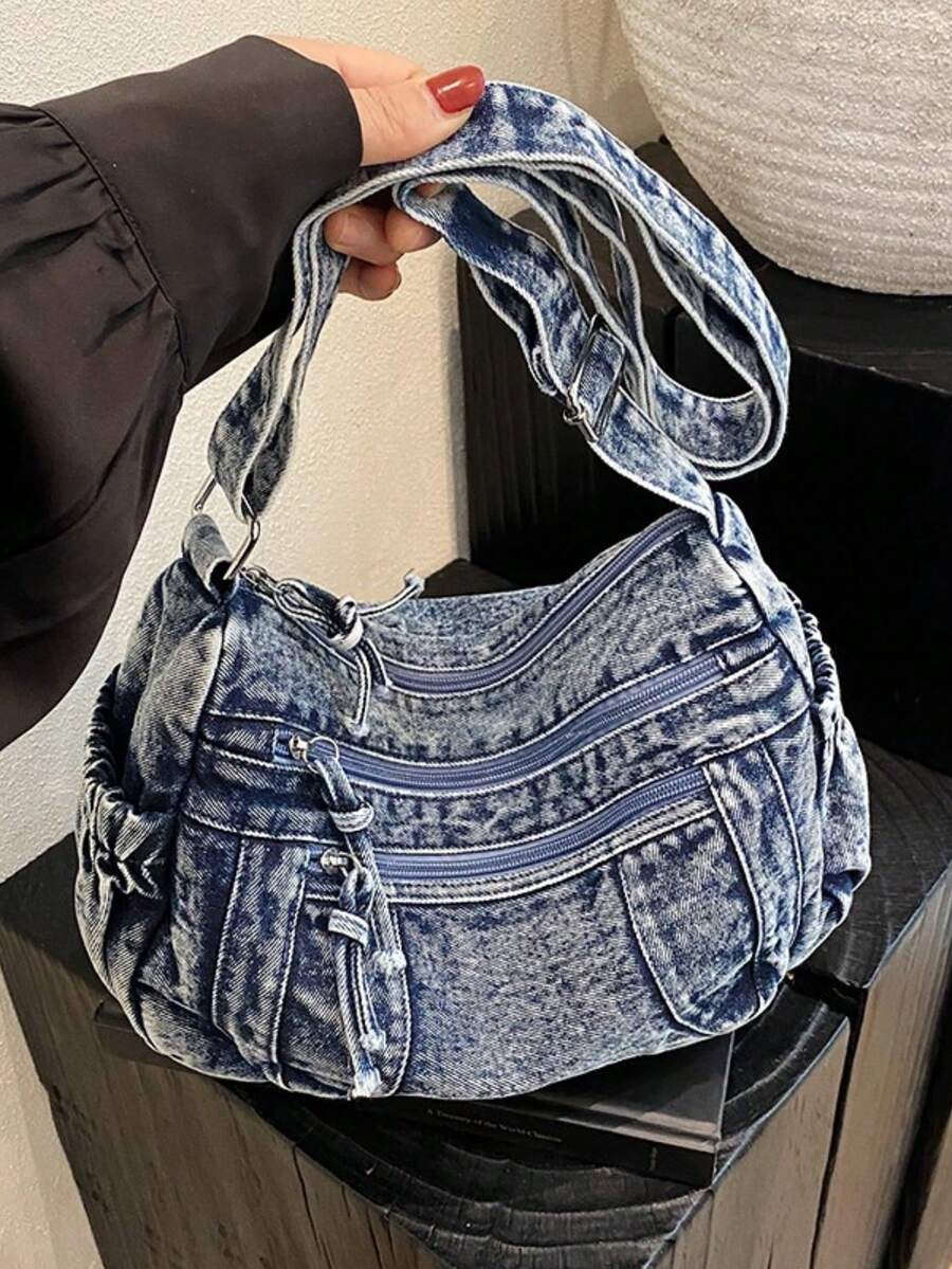 Retro Washed Denim Bag, Simple, Casual, Large Capacity, Shoulder Bag, Relaxed Feel, Crossbody Bag For Women. - 淺藍色 - 查看 1