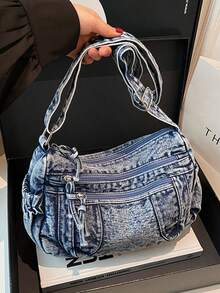 Retro Washed Denim Bag, Simple, Casual, Large Capacity, Shoulder Bag, Relaxed Feel, Crossbody Bag For Women. - 淺藍色 - 查看 4
