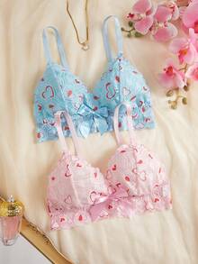 2pcs Women Floral Print Wireless Bras, Comfortable Casual Thin Breathable Sports Bras With Racerback Design - Multicolor - View 2