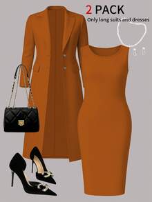 Dwuczęściowy komplet damski w dużym rozmiarze, elegancki strój: jednolity kolor, minimalistyczny długi kardigan + dopasowana sukienka midi bez rękawów, odpowiedni do dojazdów do pracy i noszenia na co dzień, wiosna/jesień/zima - Pomarańczowy 30 - Zobacz 2