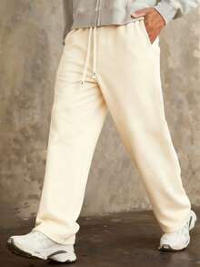 Men's Drawstring Waist Loose Wide Leg Casual Sweatpants, Autumn/Winter - Apricot - View 2